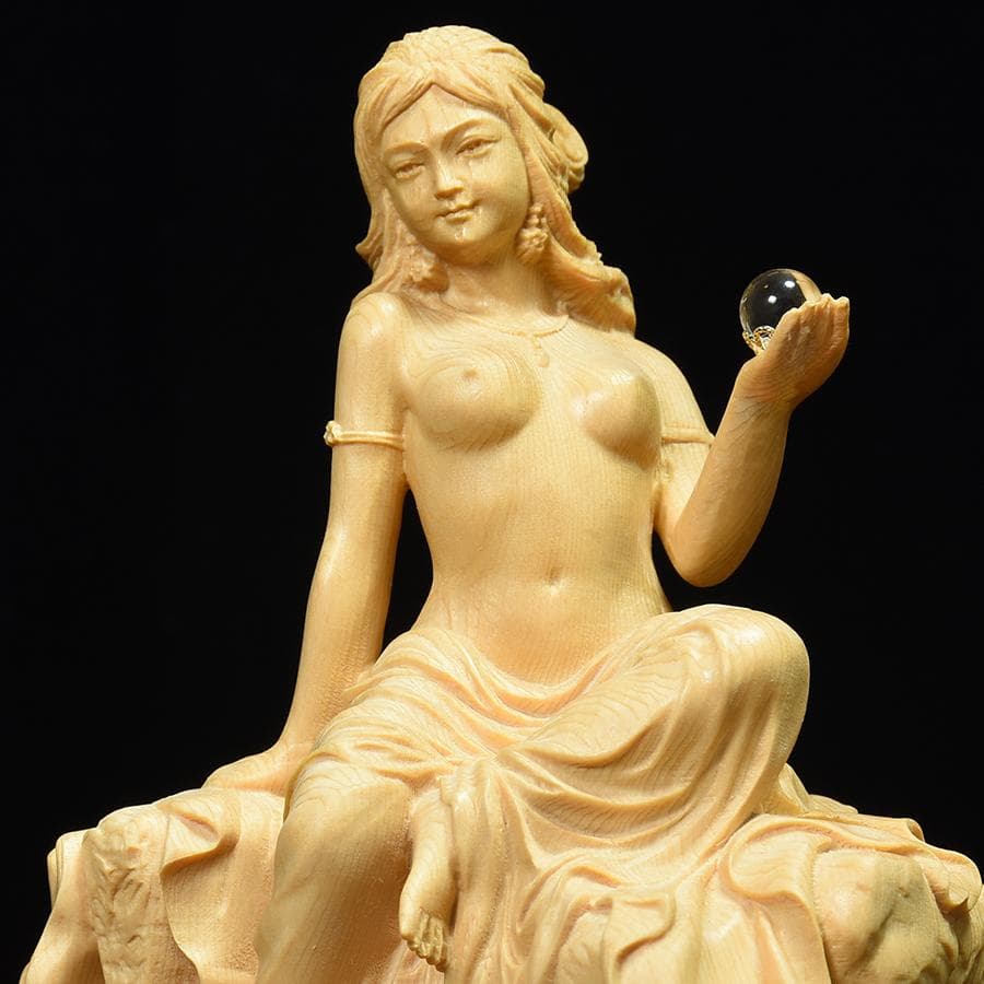 【高さ18cm】水晶宝珠　裸弁天　木彫　美術　仏教　仏像　弁天　弁才天