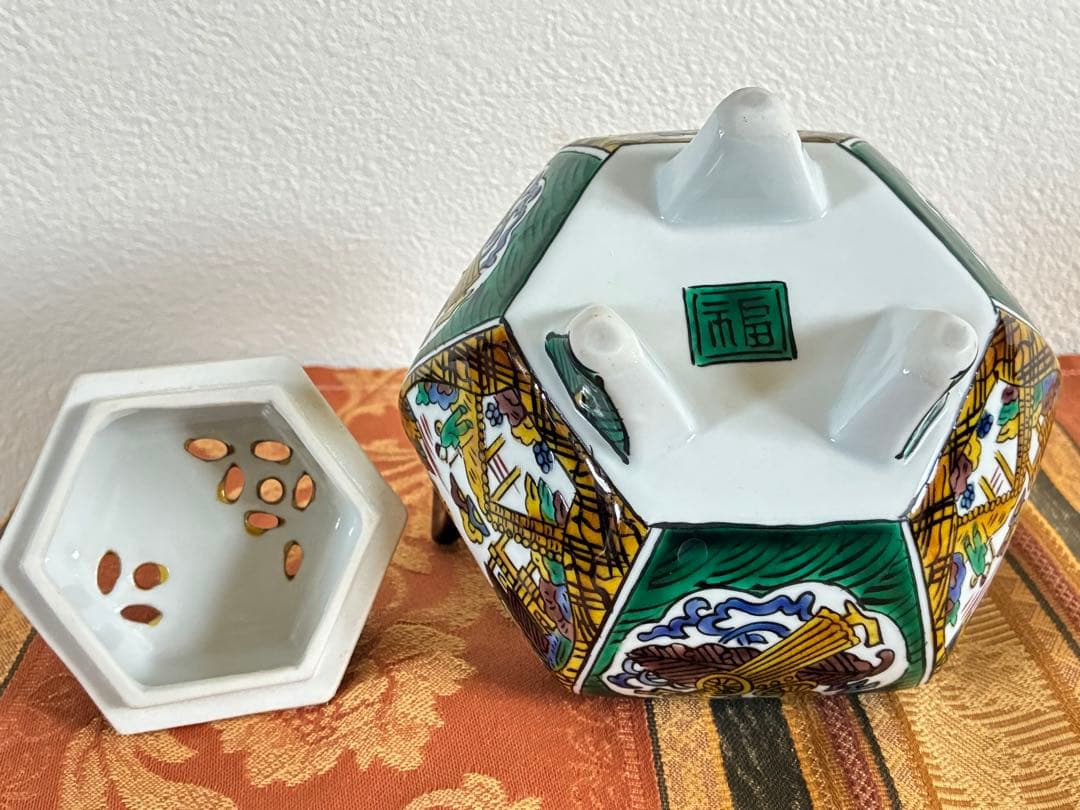 骨董＊九谷焼＊香炉＊陶器＊六角形＊獅子蓋付香炉＊年代物＊美品＊