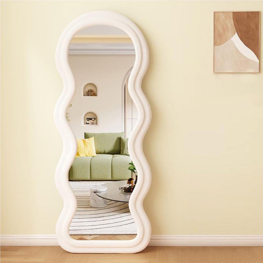 波型 全身鏡 全身 姫系 姿見 白 かわいい 鏡 大きめ 立て掛けミラーホワイト