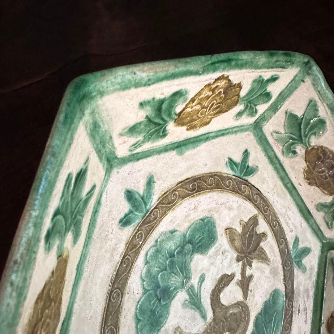 希少 遼代 三彩八角盤 清朝期 粉彩花の図 輪花台皿 中国古玩 中国美術 骨董品