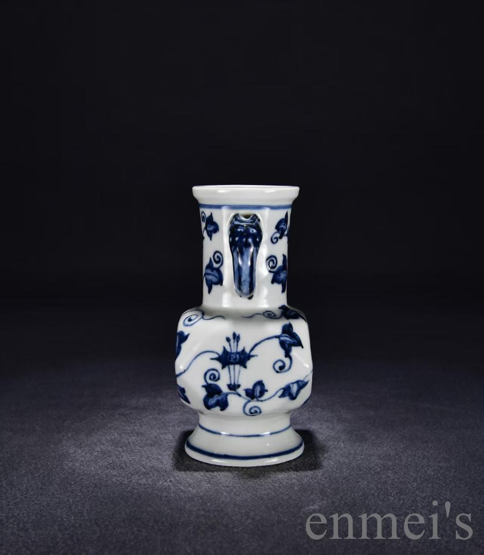 中国古美術・大明宣徳紋・青花花紋両耳瓶・花瓶・唐物・陶磁器・青花磁・朝顔紋・賞物