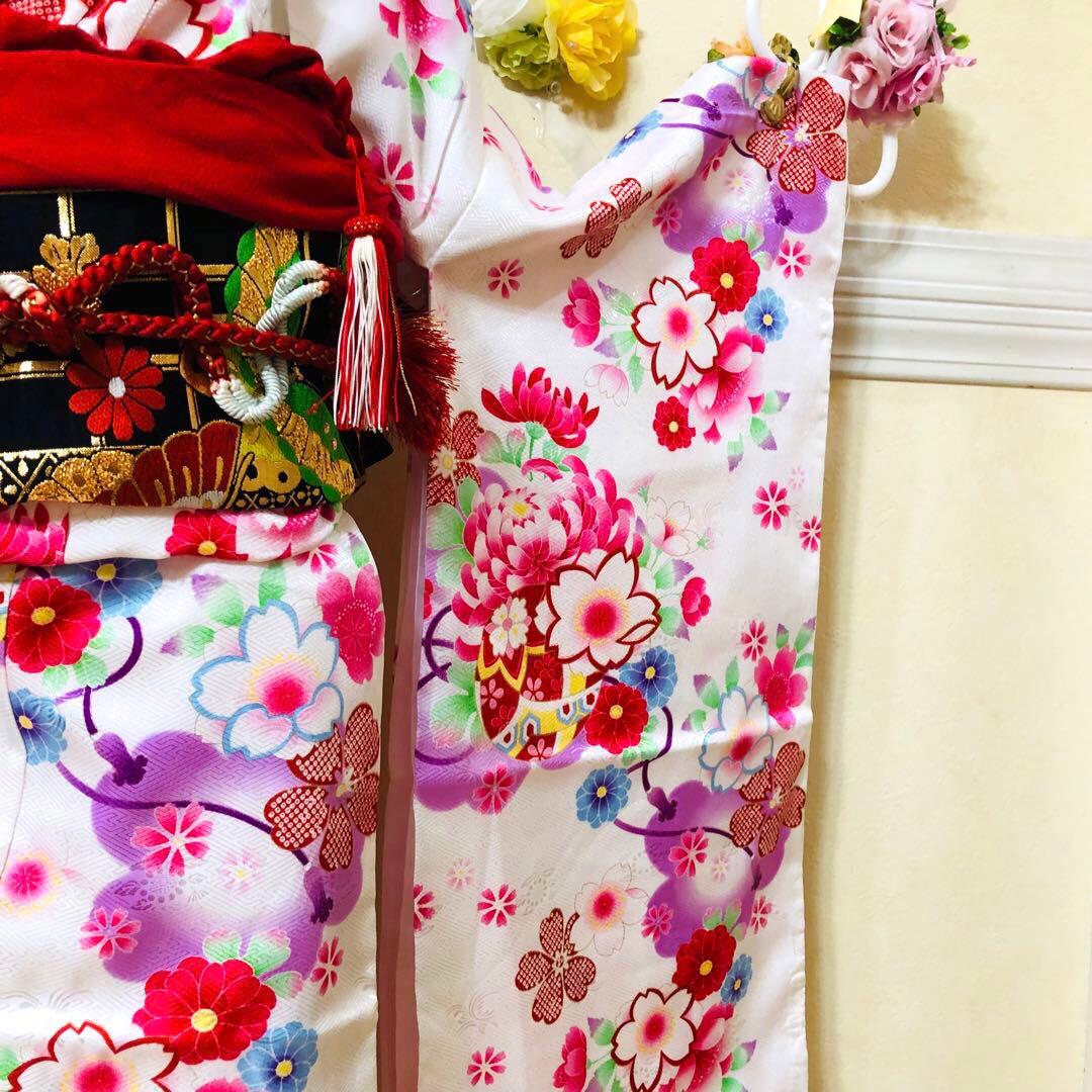 豪華白地7歳完全フルセット‼️着物長襦袢全通袋帯新品⭐︎手毬花金彩煌びやか際立つ逸品