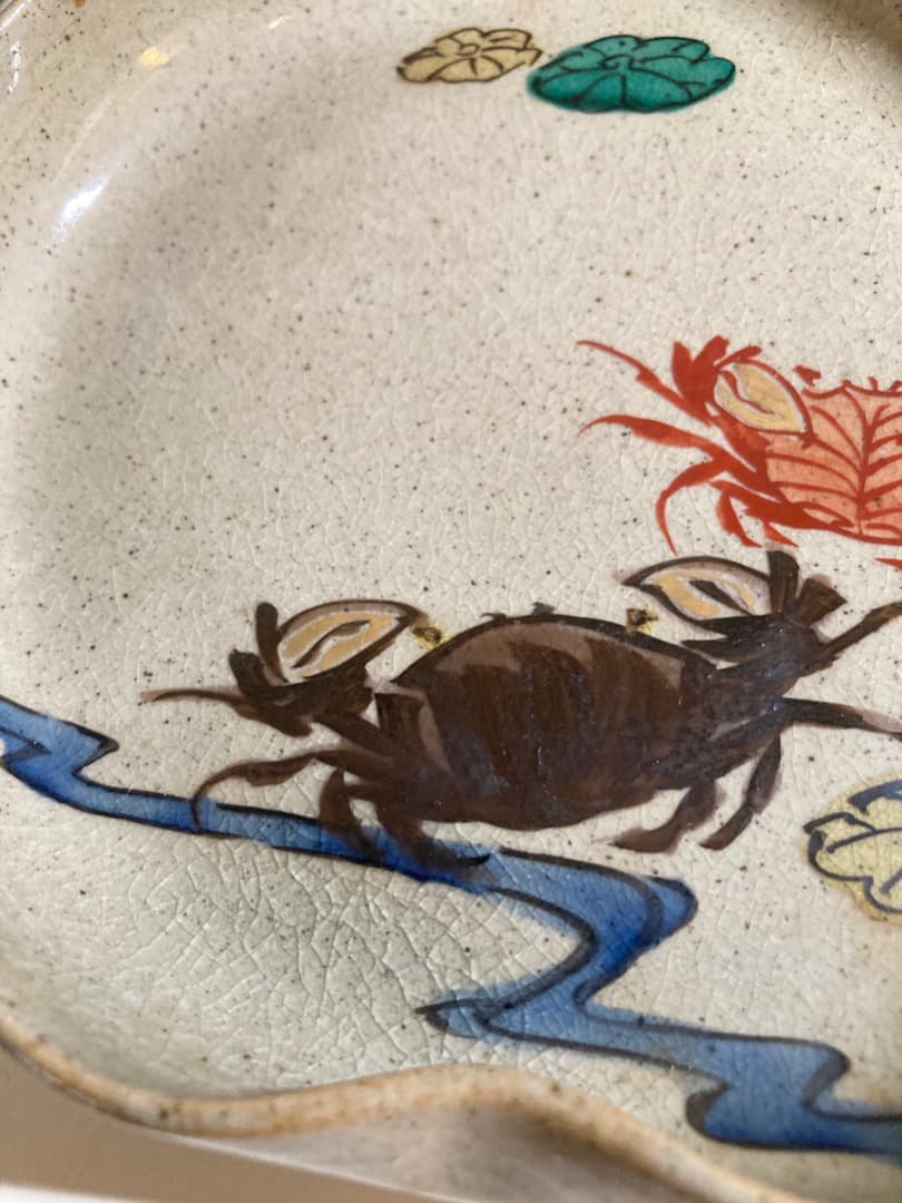 古九谷の蟹図！瓢箪型の中皿三客揃 浜辺の景色図 江戸〜明治期