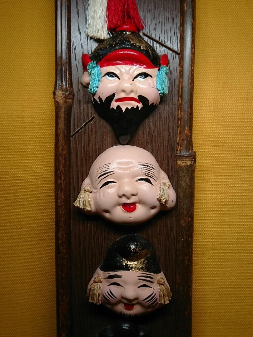 【美品】七福神　陶器　古竹　壁掛け　置物　インテリア　工芸品　美術品　A1104