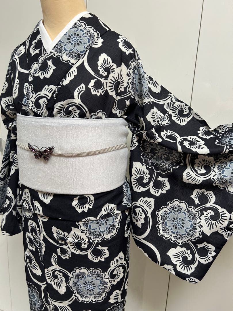 黒地の浴衣 L ゆかた ユカタ 自宅で洗えるゆかた ブラック 浴衣単品販売