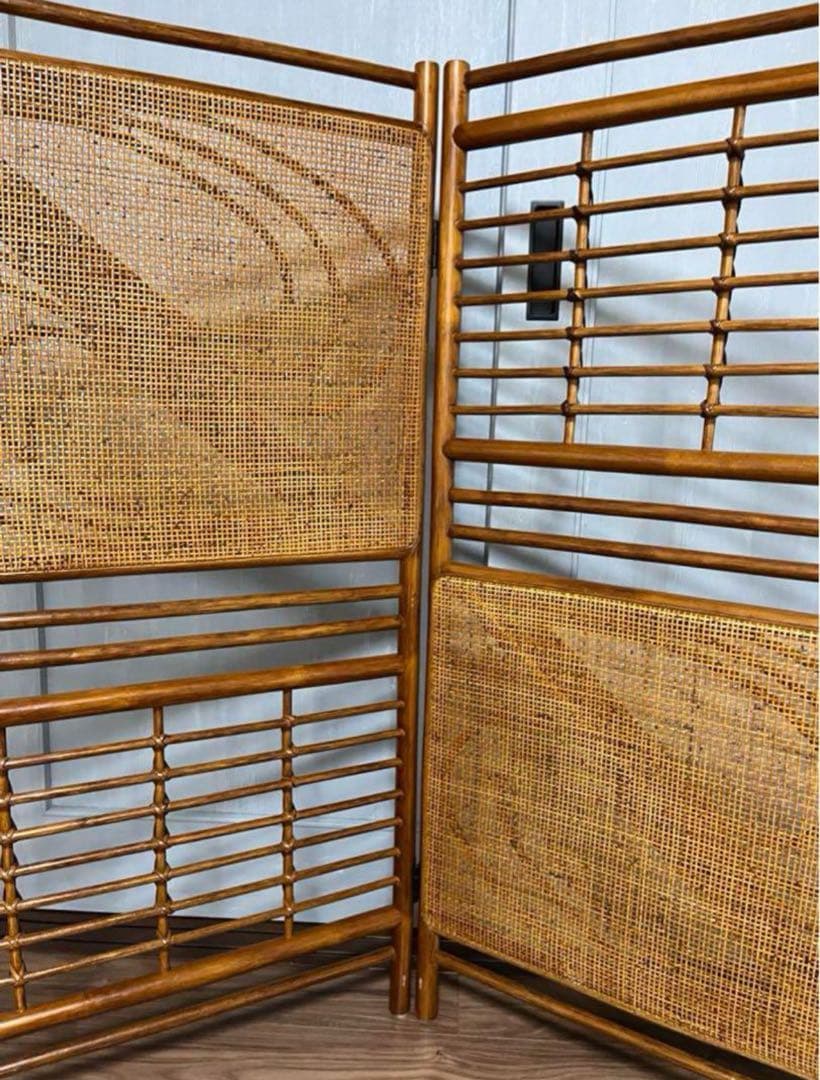 折りたたみパーテーション 昭和レトロ 間仕切り 和風 木製 衝立　ラタン　籐