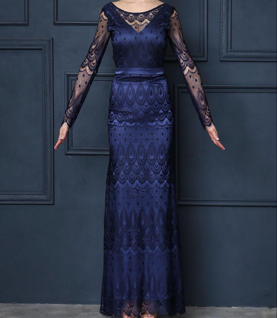 rinfarre総レースボートネックハイウエスト背中開き長袖Aラインロングドレス