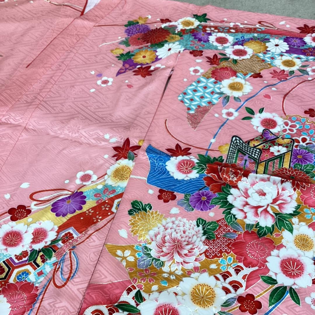 七五三 753 着物 七歳 正絹四つ身着物 ピンク地友禅柄 新品 k4140