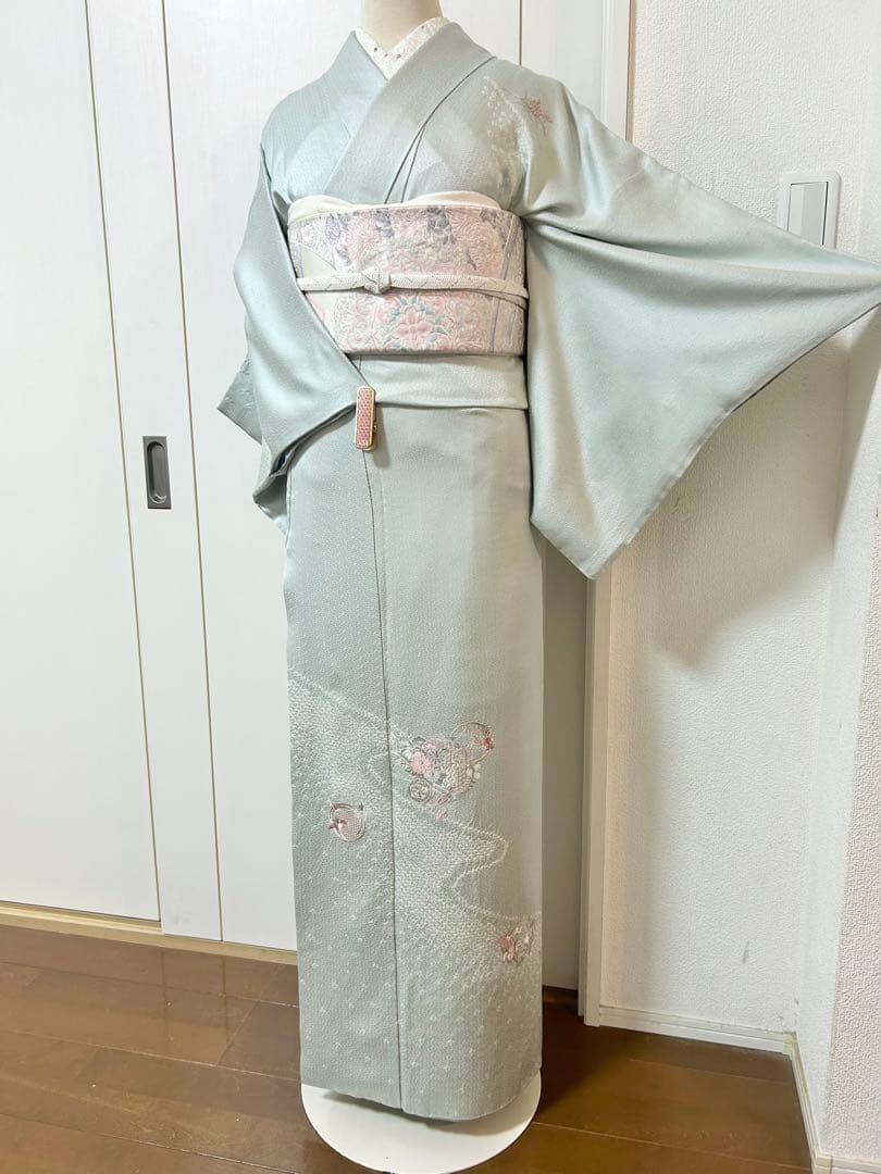 美品　水色　汕頭刺繍　正絹訪問着　フルセット4点　卒業式　入学式　七五三