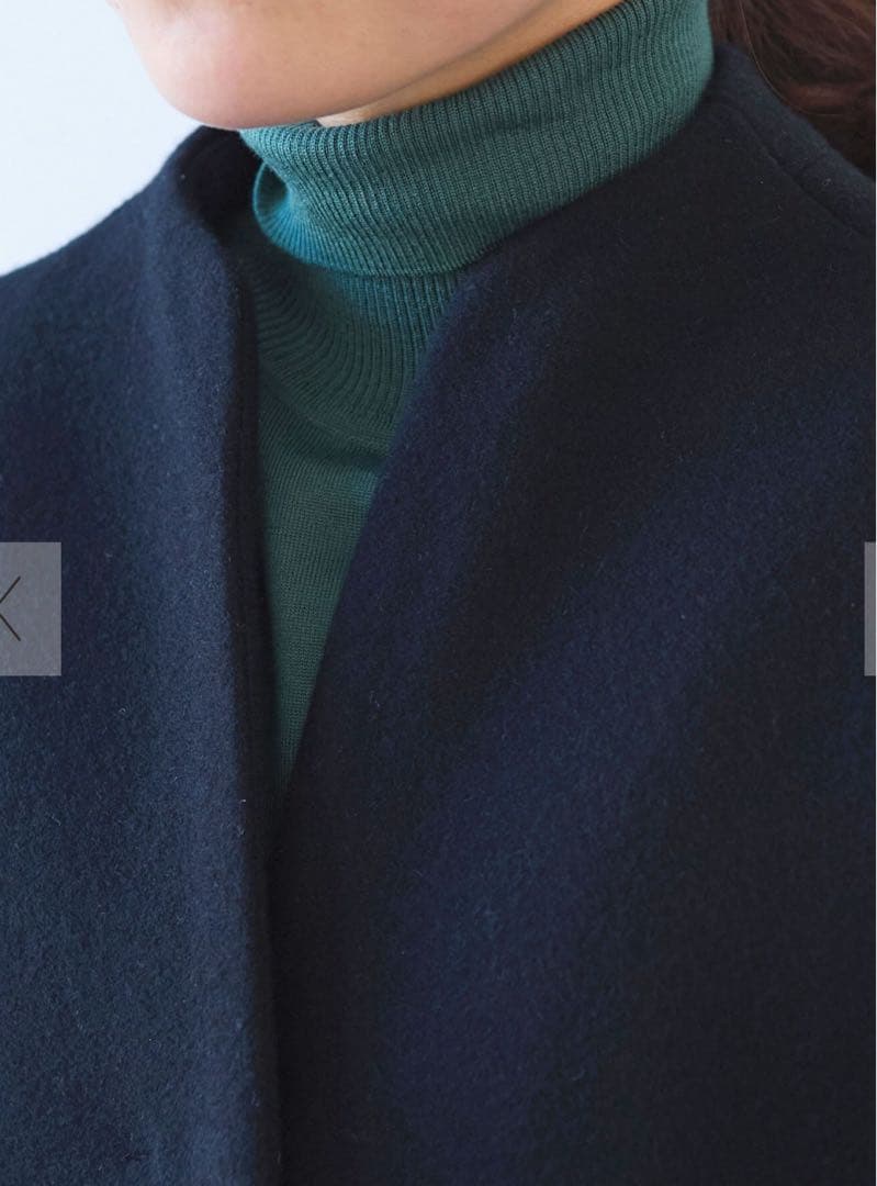 yuniノーカラーコート　ウールスーパー100 ブラック ミドル