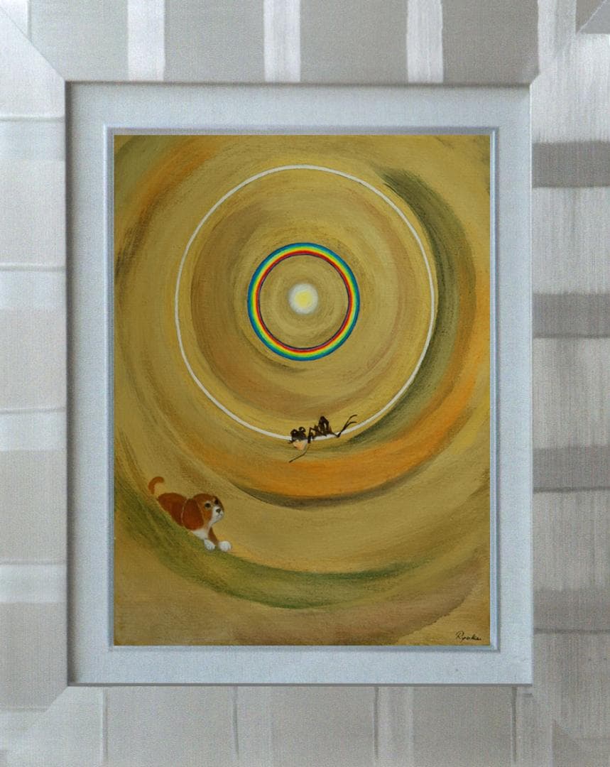 油絵 菅家令子 絵 絵画インテリア額付(黒)F6-070119祈り希望 子犬女子
