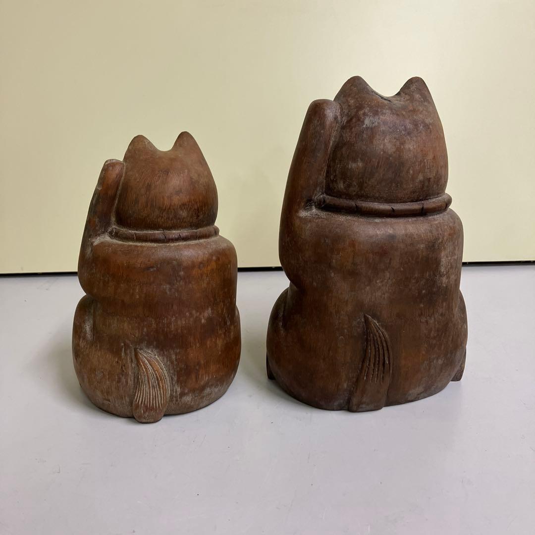 E-4昭和レトロ 招き猫 木製 置物 木彫り縁起物 2点セット 古道具 オブジェ