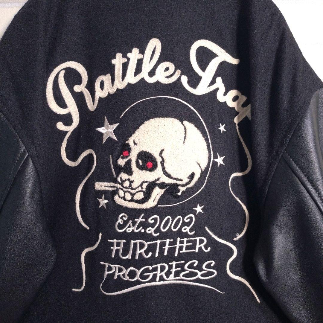 ラトルトラップ★総刺繍 スカル アームレザー 羊革 メルトン スタジャン 黒 L