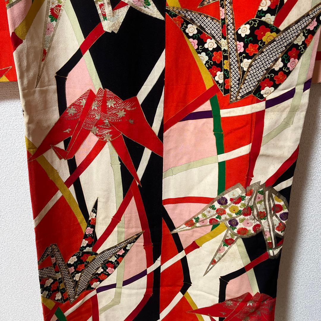 七五三　7歳　着物　アンティーク　鶴　カラフル　正絹　セット