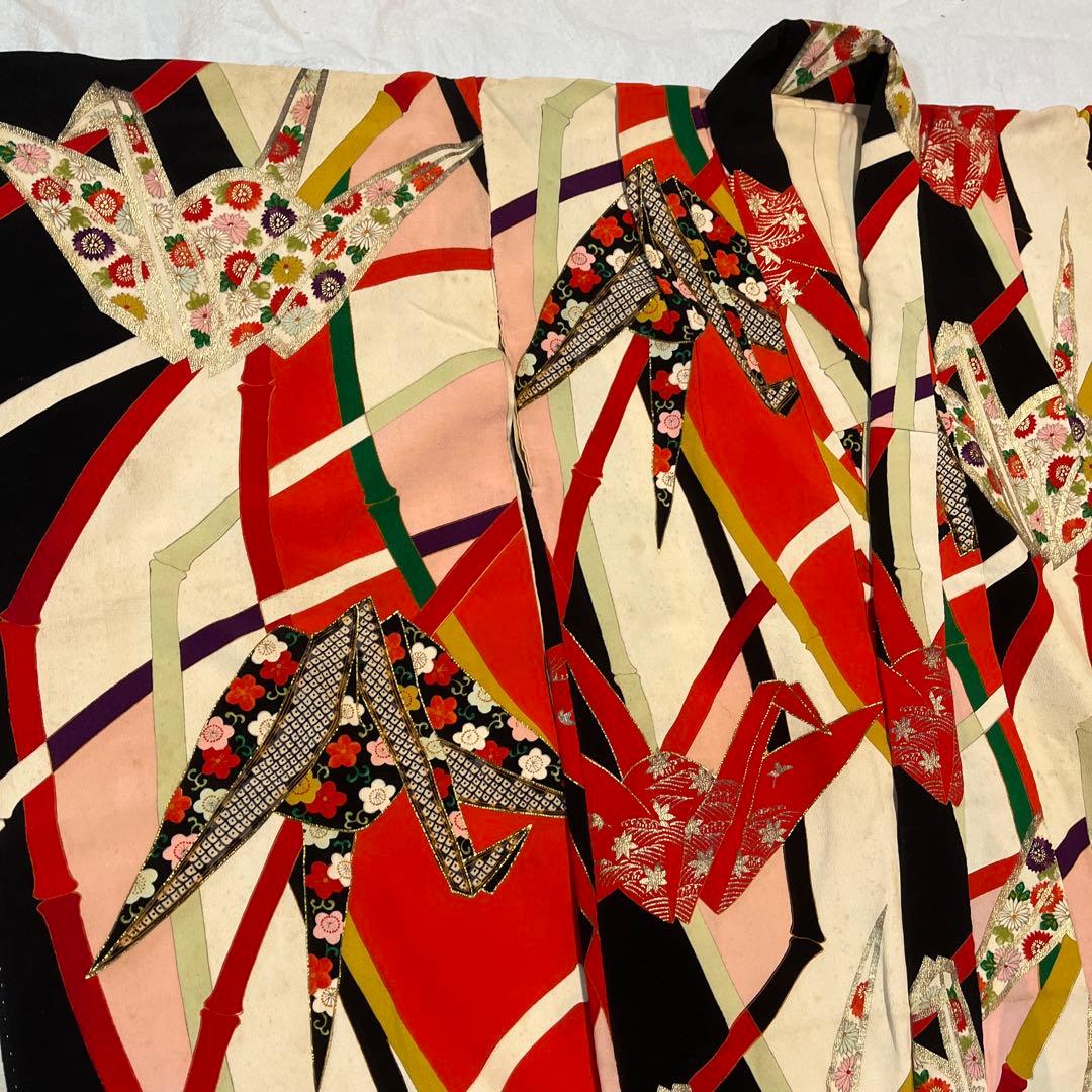 七五三　7歳　着物　アンティーク　鶴　カラフル　正絹　セット