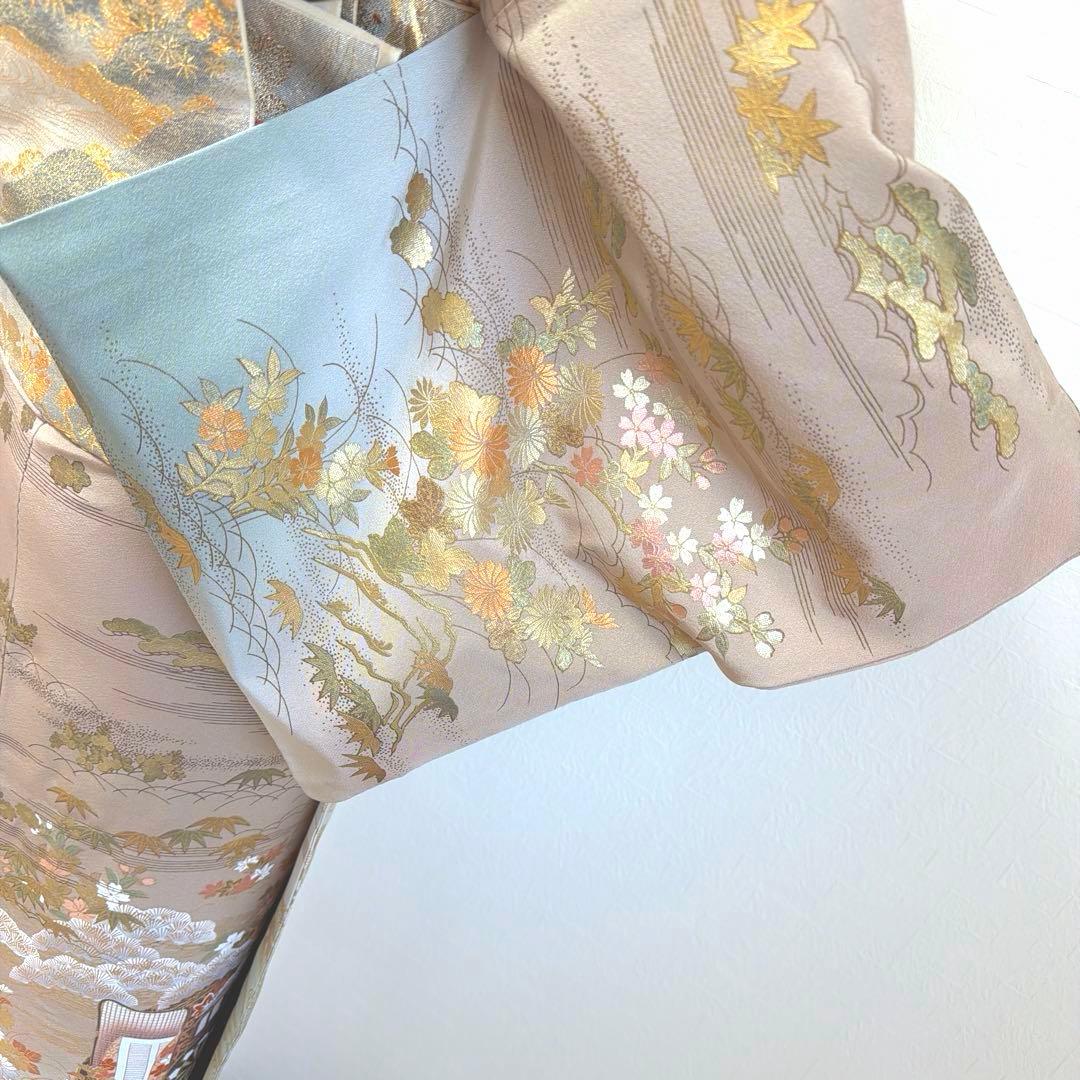 498 訪問着フルセット 正絹 一つ紋 ベージュ グレージュ 金彩 暈し染め