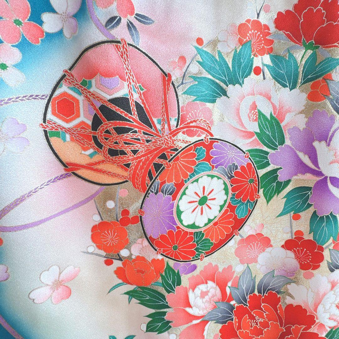 七五三　7歳女の子　フルセット　きもの　青系　金プリント　花鼓　折り鶴　7285