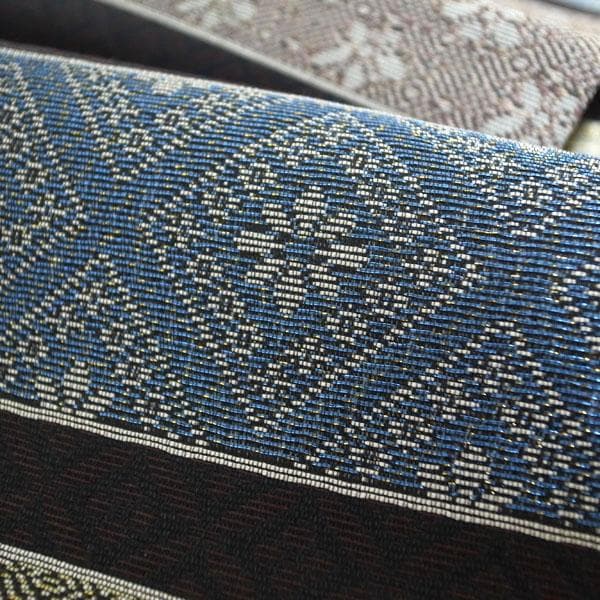 名古屋帯 九寸 京都 西陣 全通織 黒 濃赤紫 花唐草 横段 中古 kp2018