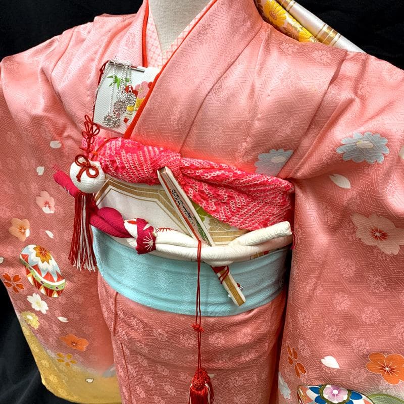 502ag9□七五三 七歳 女児 着物&袋帯&長襦袢 金駒刺繍 毬□状態良好