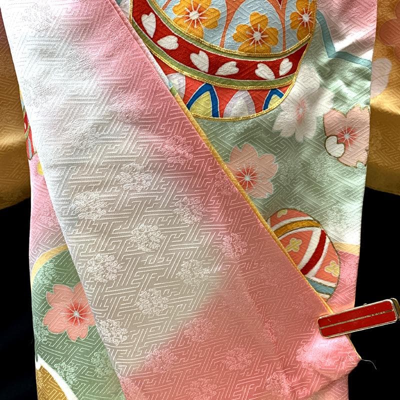 502ag9□七五三 七歳 女児 着物&袋帯&長襦袢 金駒刺繍 毬□状態良好