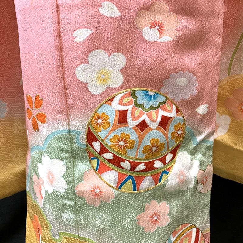 502ag9□七五三 七歳 女児 着物&袋帯&長襦袢 金駒刺繍 毬□状態良好