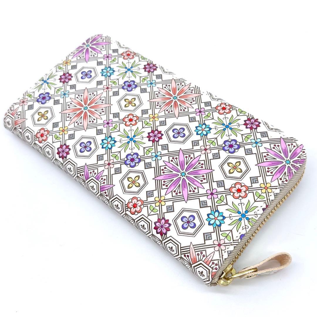 未使用✨浅草文庫 友禅染 花菱 ラウンドジップ 長財布 ピンク 型押しレザー