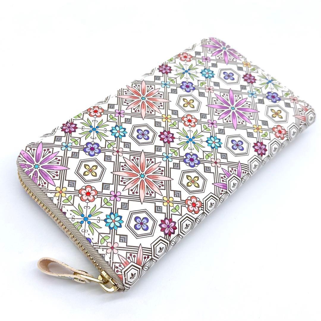 未使用✨浅草文庫 友禅染 花菱 ラウンドジップ 長財布 ピンク 型押しレザー