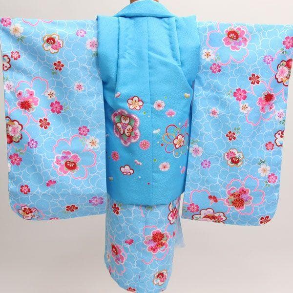 七五三 三歳 女児 被布着物フルセット 水色 刺繍半襟 伊達衿付き お仕立て無料