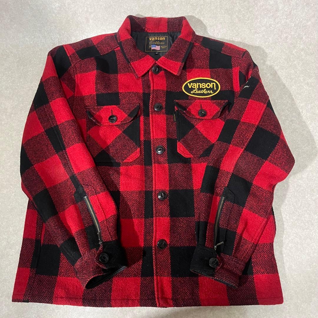 vanson バッファローチェック　赤黒チェック スカルジャケット XL