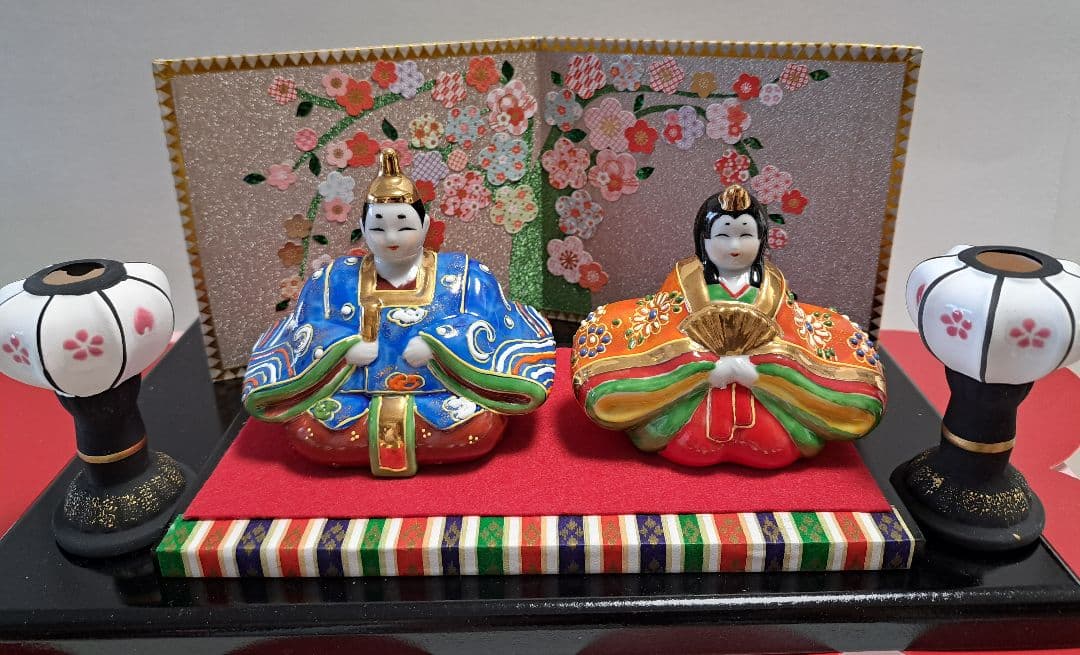 k-⑮九谷焼 ひな人形 3号 親王飾り 青とオレンジ