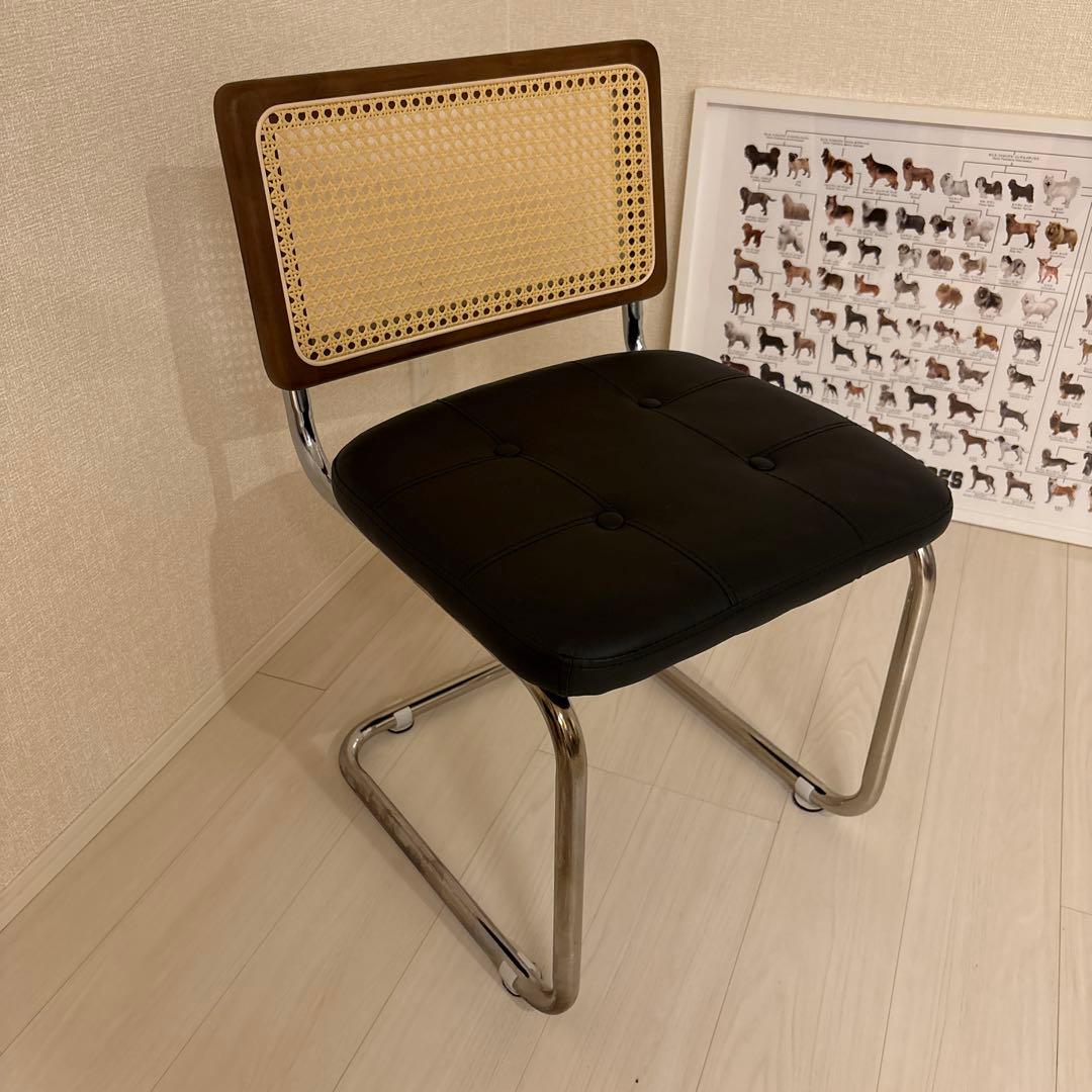 椅子 チェア 一人掛け クッション レトロ レザー張り ラタン　ブラック