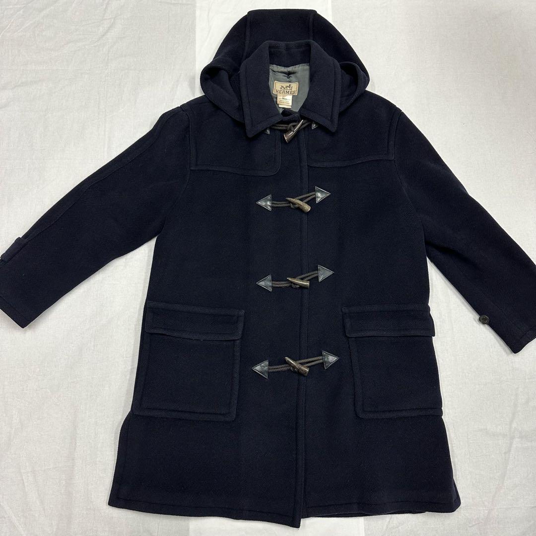 エルメス Lサイズ ダッフルコート ヘリンボーン ダークブルー フード脱着可能