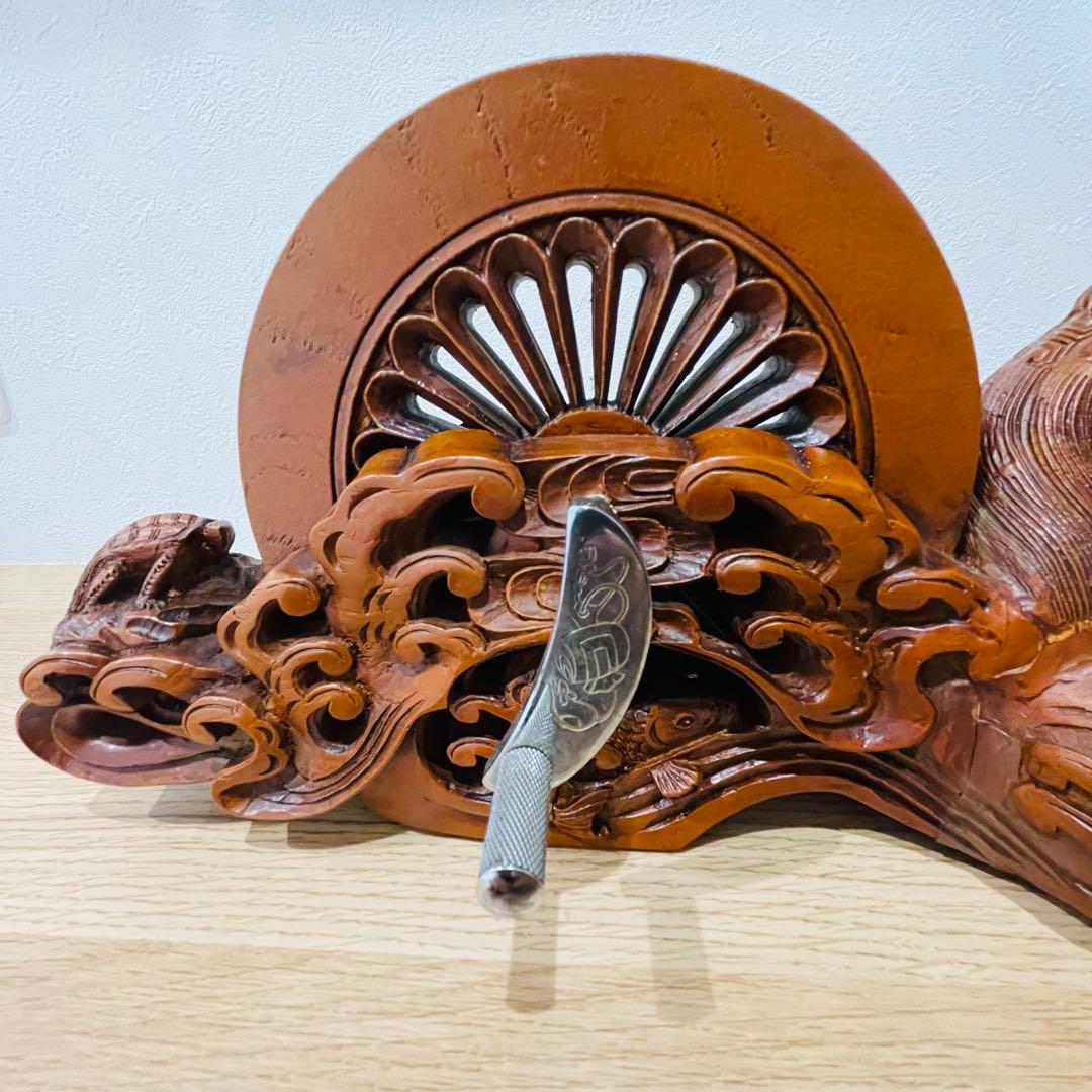 大型 彫辰作 鶴亀彫 親子亀 墨壺 墨つぼ 墨壷 置物 木製 在銘 大工道具