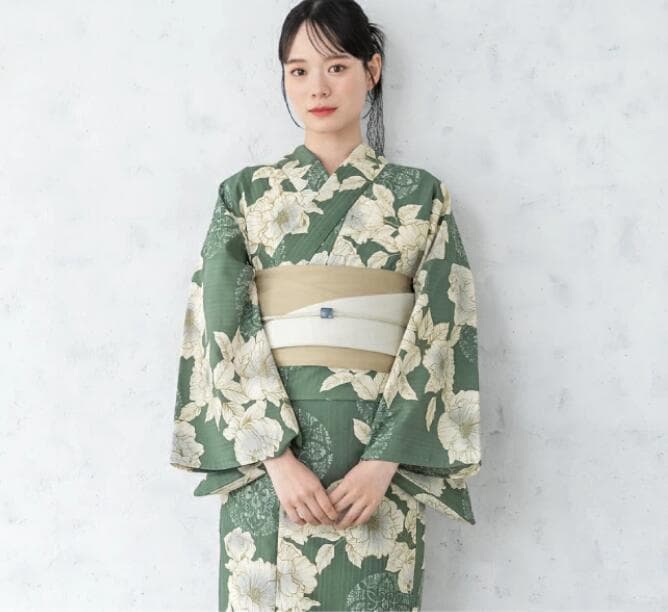 画像の 帯付き◆◆ノー皺加工最高級クールパス◆モダン翡翠緑の花古典夏浴衣◆洗える