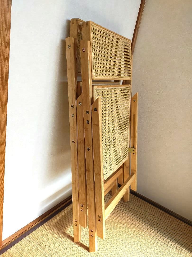 【美品】ラタンチェア 　折りたたみ　籐編み　椅子　木製　2脚