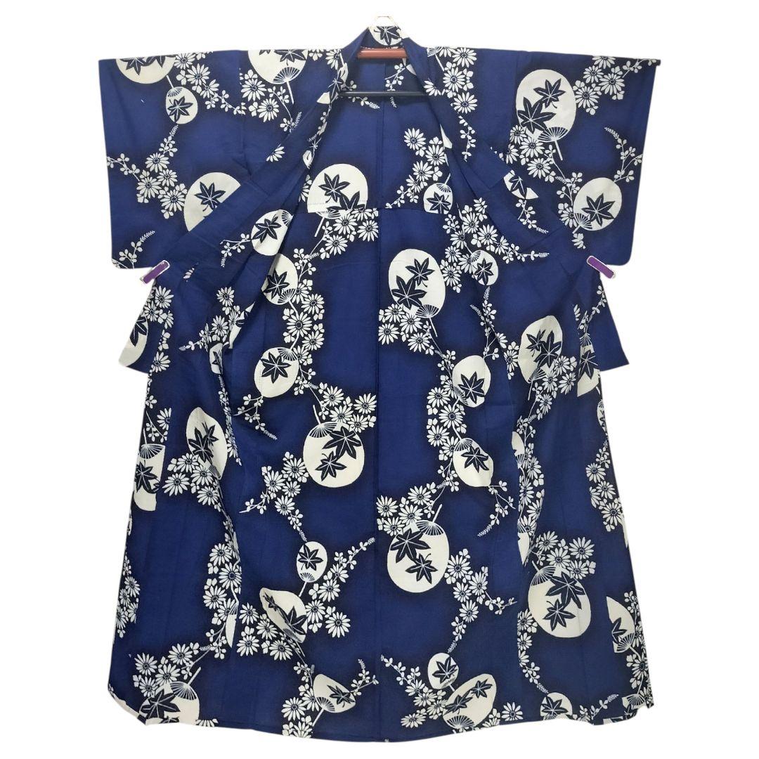 【浴衣】花に団扇模様　楓　藍染 注染　紺　青　ネイビー レトロ　古典 綿