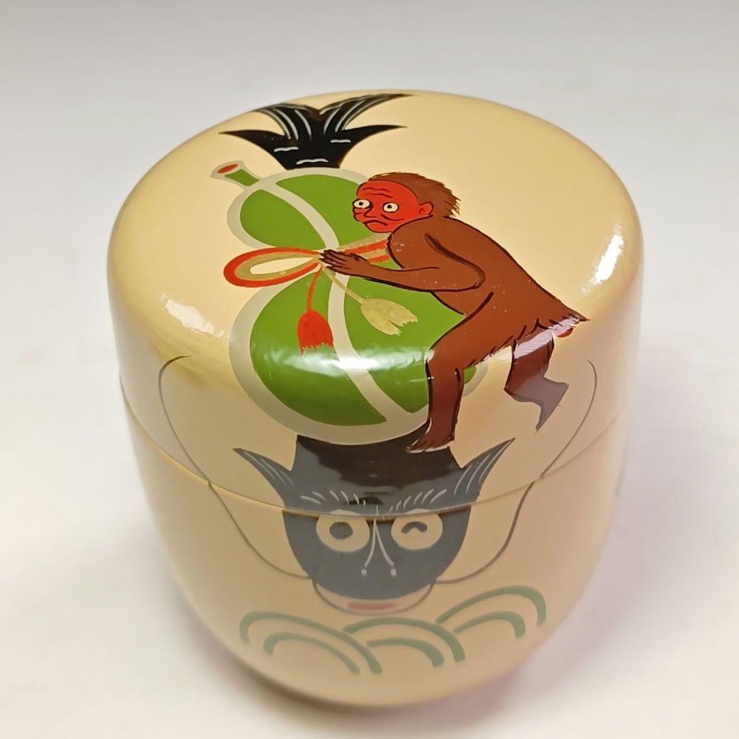 ウ211 棗『道場順一』『大津絵瓢箪鯰絵　白一閑塗　大棗　共箱』茶道具　茶器