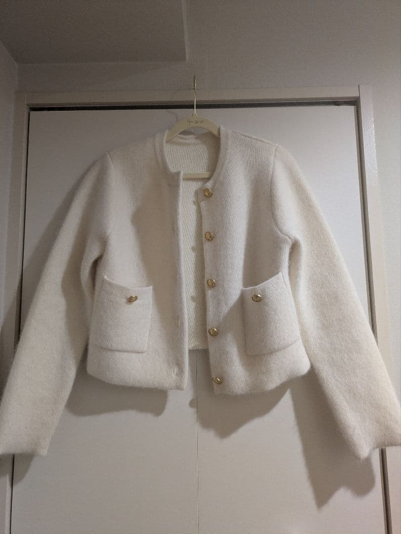 anuansカシミヤブレンドノーカラーニットジャケット