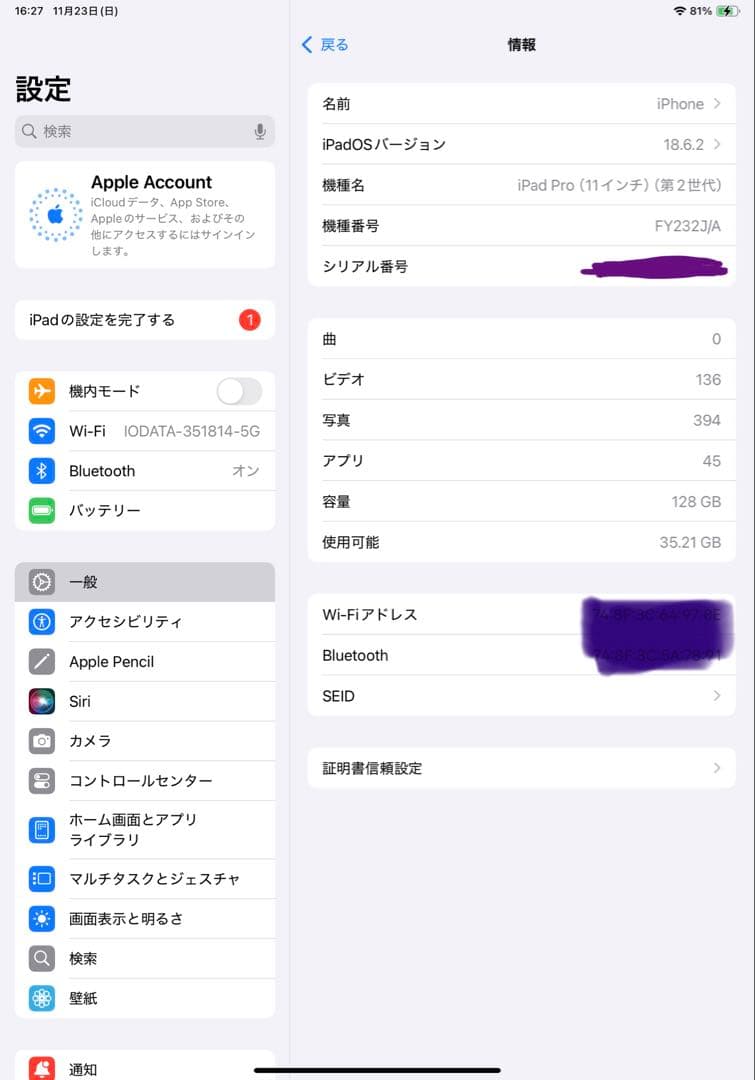 iPad Pro (11インチ)(第2世代) FY232J/A 128GB