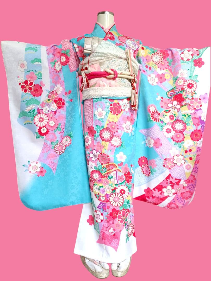 ☆白ブルーピンクに束ね熨斗の着物とキラキラ作り帯☆七五三７歳