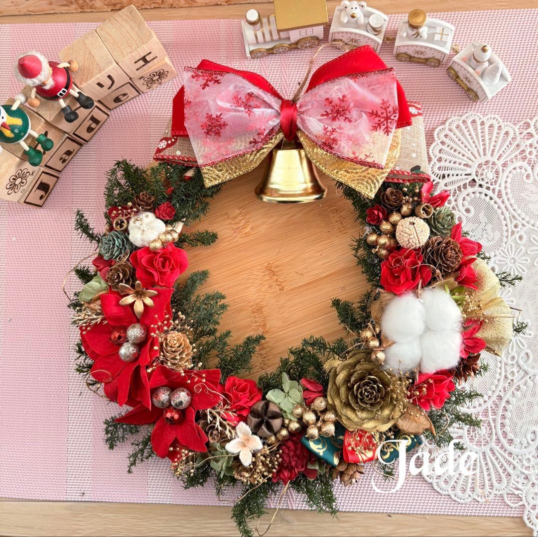 No125 キラキラリボンとリンリンベル♥大きめクリスマスリース