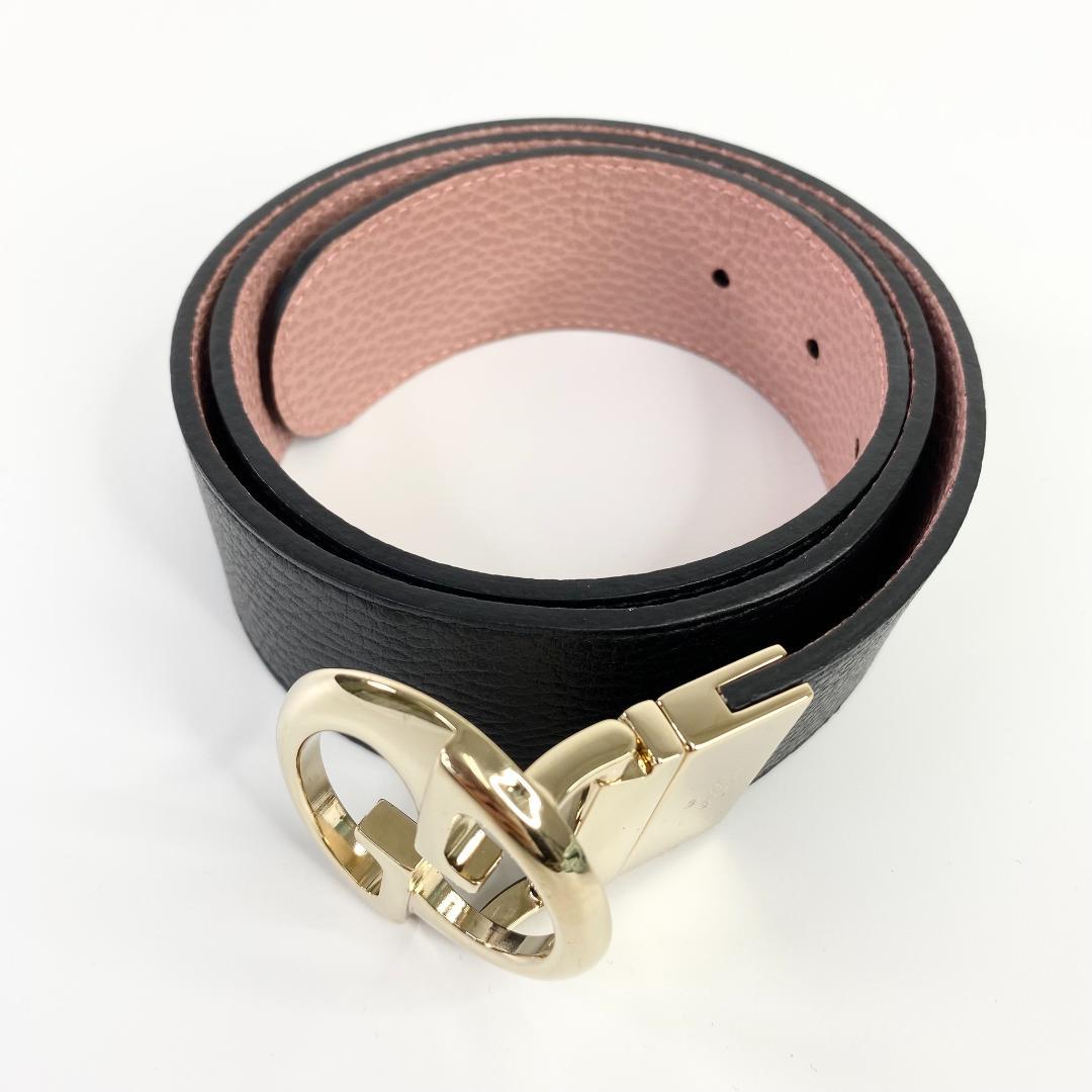 グッチ GGロゴバックル リバーシブル レザーベルト ブラック×ピンク 金