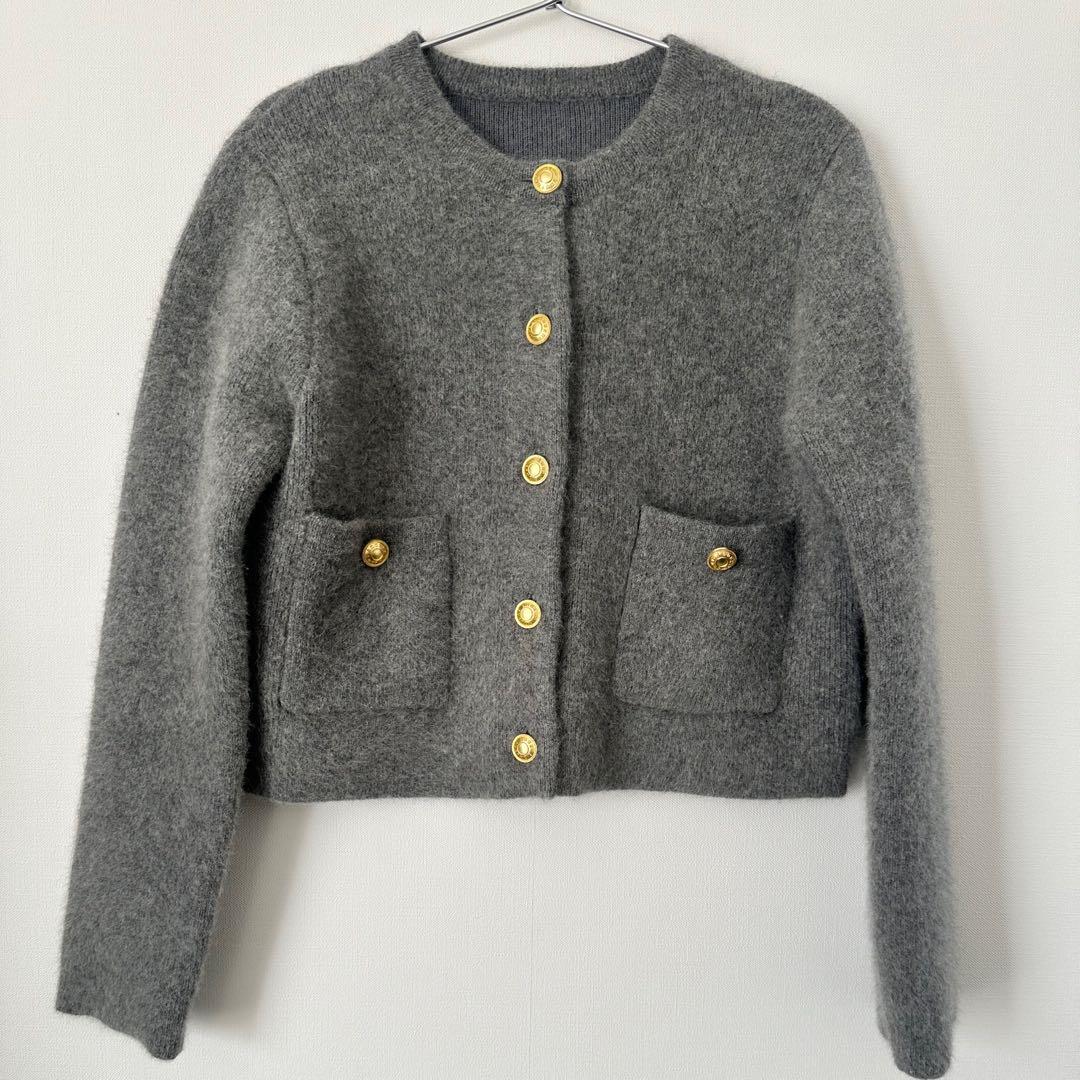 anuans ラクーンブレンドノーカラーニットジャケット　グレー