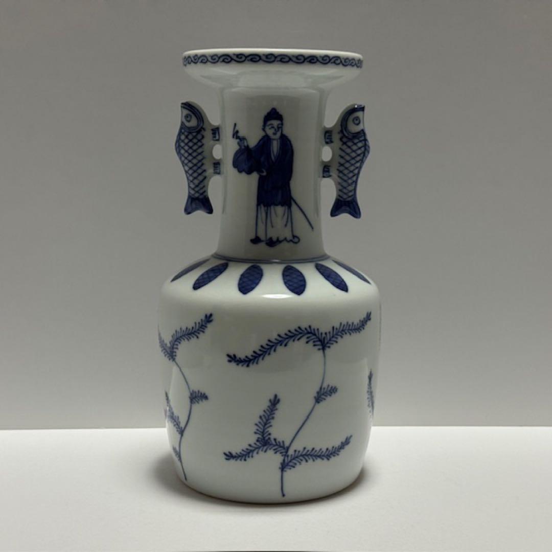 茶道具 四代 三浦竹泉 青華高砂花瓶 染付 花入 共箱 茶道