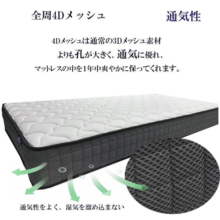 クイーン マットレス 通気性 硬め 21cm厚 ポケットコイル腰痛対策 体圧分散