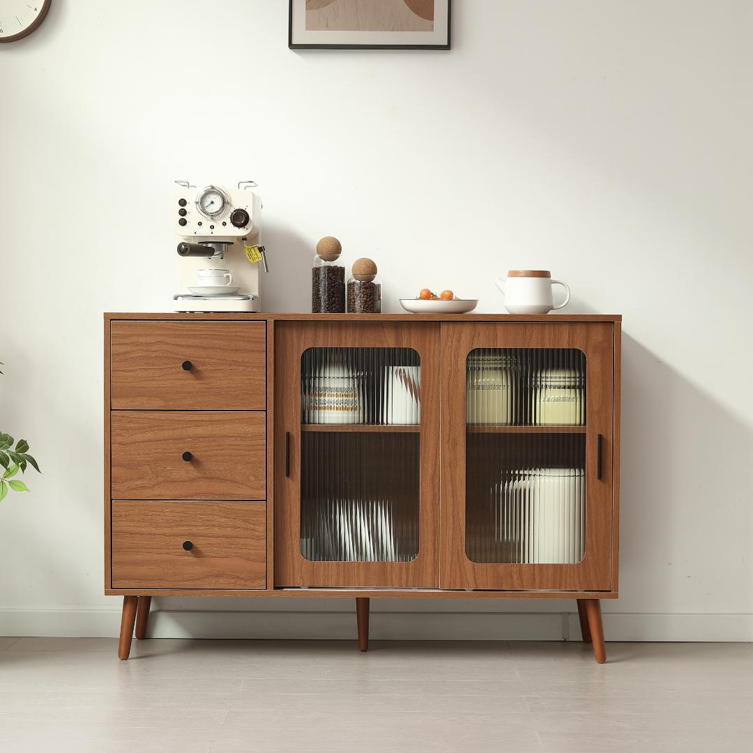 タイムセール！新作のキャビネット　引き出し付き　食器棚　扉付き　BROWN