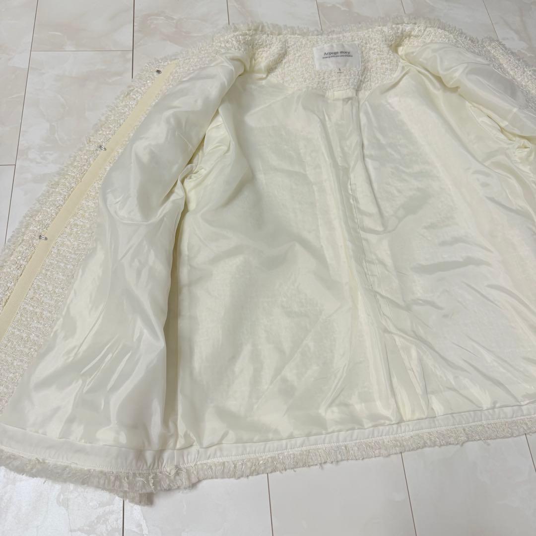 【Arpege story】ノーカラーツイードジャケット 白 M