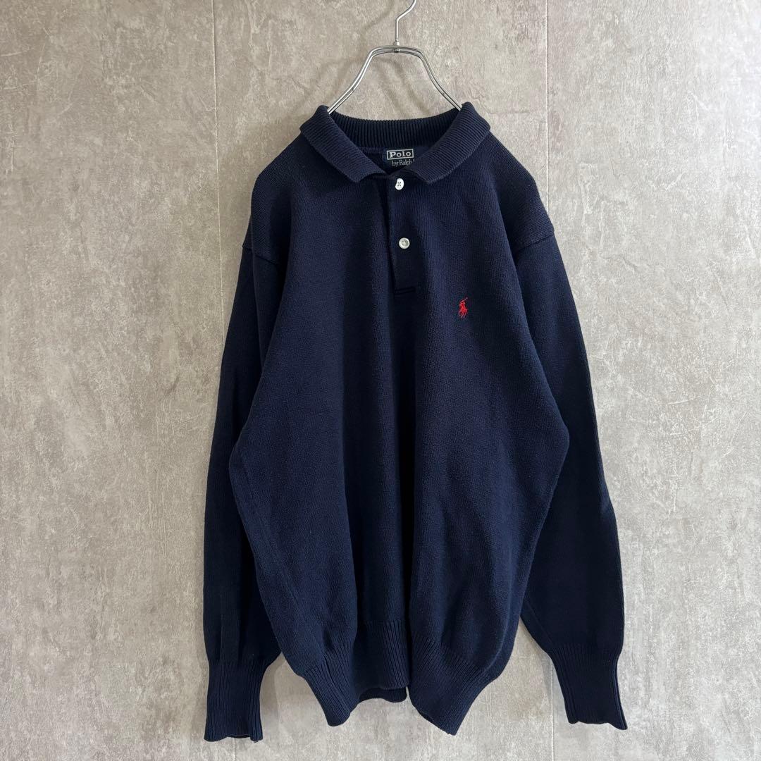 ラルフローレン ウール ニット セーター 襟付き ポロシャツ ネイビー L