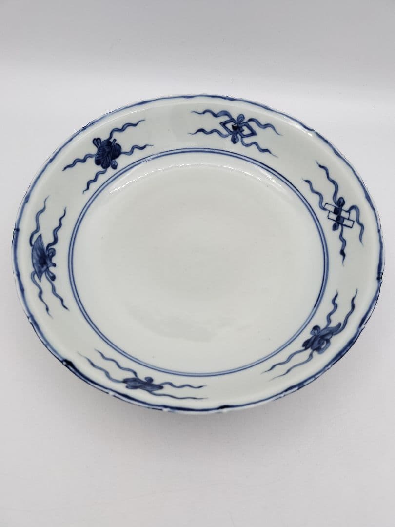 b68【未使用】染付 七宝絵皿 菓子器 景徳鎮 三代森岡嘉祥 茶道具 古物