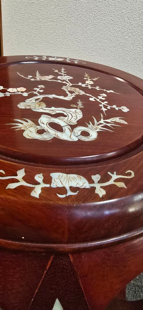 【美品】花梨 無垢 螺鈿細工スツール/椅子 飾り台/花台　太鼓型椅子